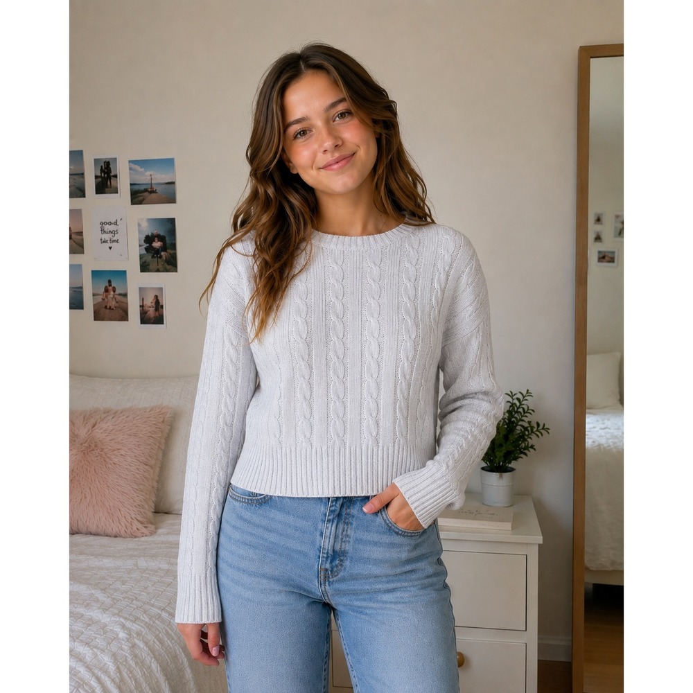 George Cashmere Sweater Junior XL Light Gray Cable Knit Luxury Preppy Autumn
